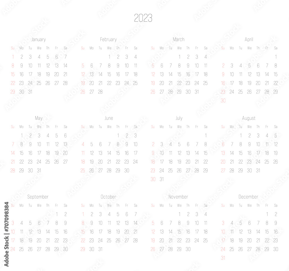 Monthly calendar of year 2023. Week starts on Sunday. Block of months in two rows and six columns horizontal arrangement. Simple thin minimalist design. Vector illustration. Monthly calendar of year 2023. Week starts on Sunday. Block of months in two rows and six columns horizontal arrangement. Simple thin minimalist design. Vector illustration.