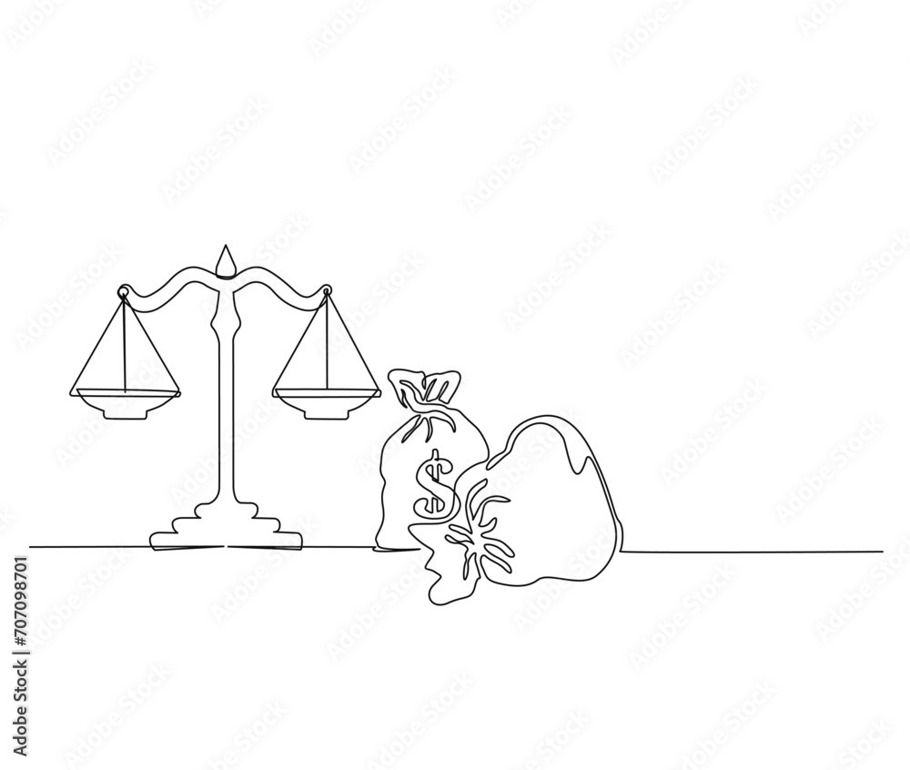 Obraz premium Continuous one line drawing of scales of justice and money. Money bag ang scales of justice line art vector illustration.