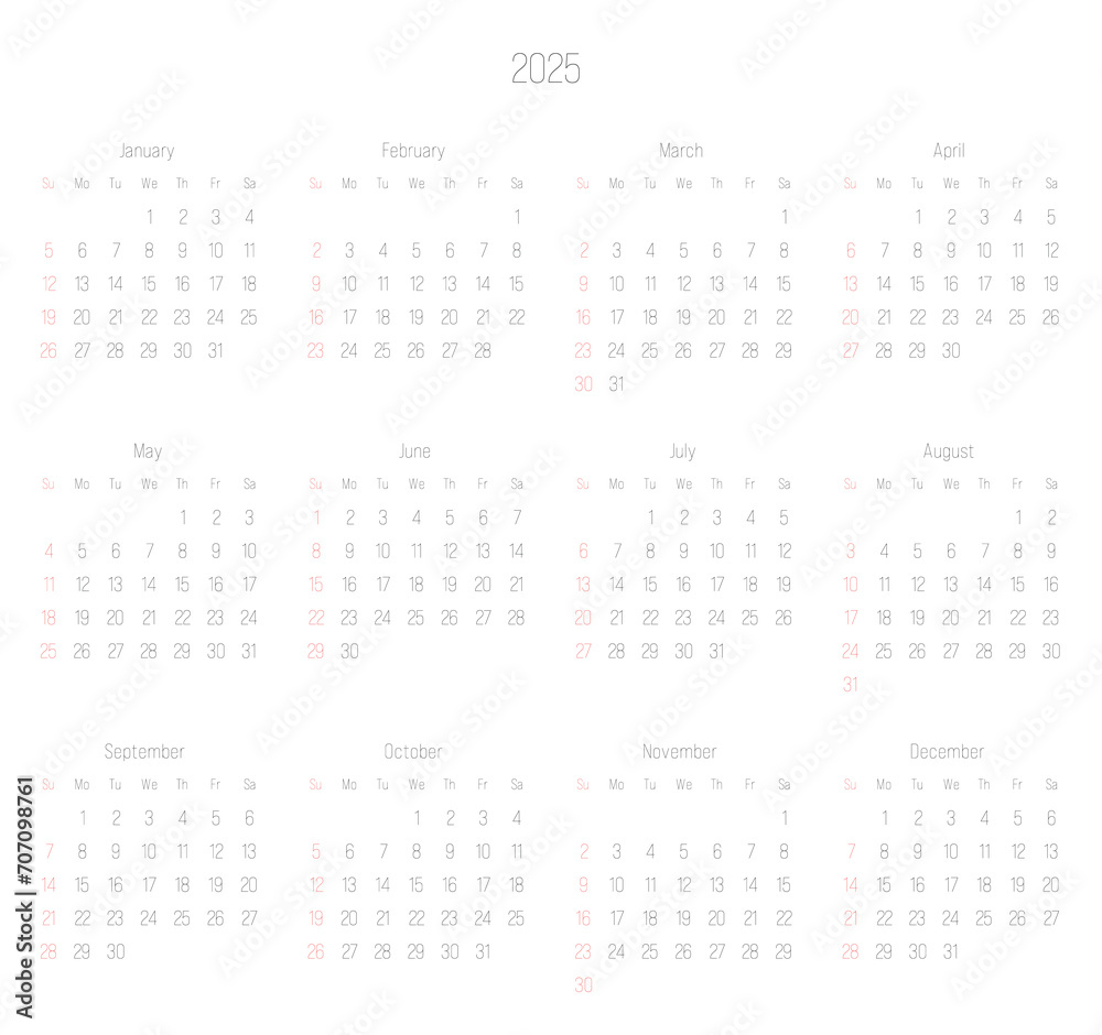 Monthly calendar of year 2025. Week starts on Sunday. Block of months