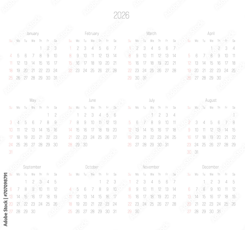 Monthly calendar of year 2026. Week starts on Sunday. Block of months ...