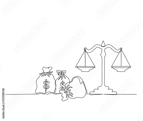 Continuous one line drawing of scales of justice and money. Money bag ang scales of justice line art vector illustration.