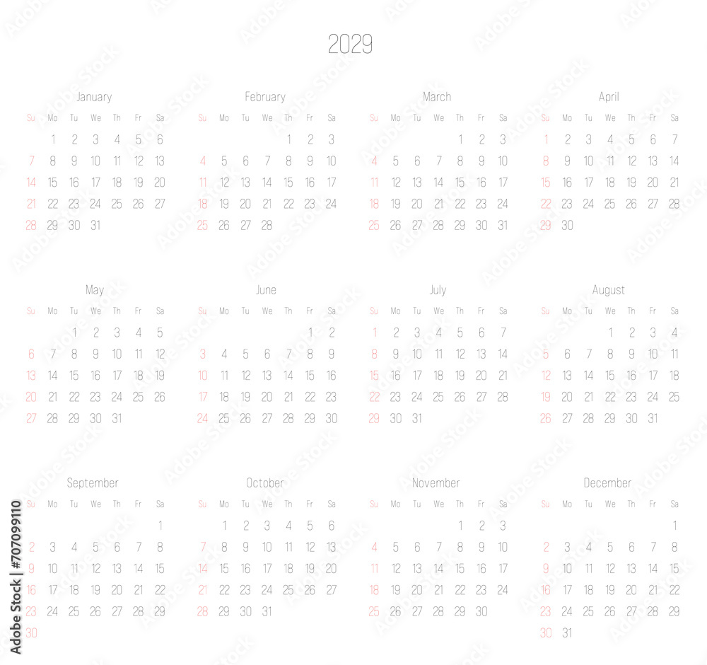 Monthly calendar of year 2029. Week starts on Sunday. Block of months in two rows and six columns horizontal arrangement. Simple thin minimalist design. Vector illustration. Monthly calendar of year 2029. Week starts on Sunday. Block of months in two rows and six columns horizontal arrangement. Simple thin minimalist design. Vector illustration.