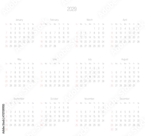 Monthly calendar of year 2029. Week starts on Sunday. Block of months in two rows and six columns horizontal arrangement. Simple thin minimalist design. Vector illustration.