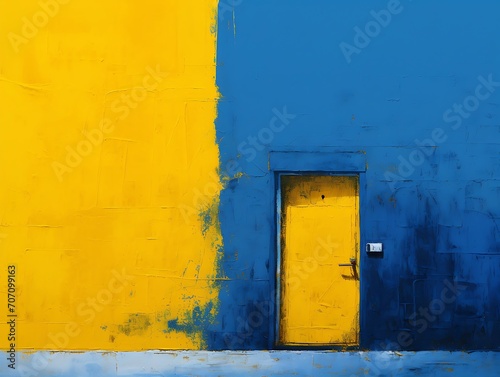 3D rendering of an empty room with yellow walls and blue door