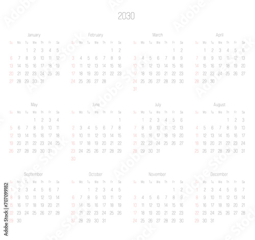 Monthly calendar of year 2030. Week starts on Sunday. Block of months. Simple thin minimalist design. Vector illustration.