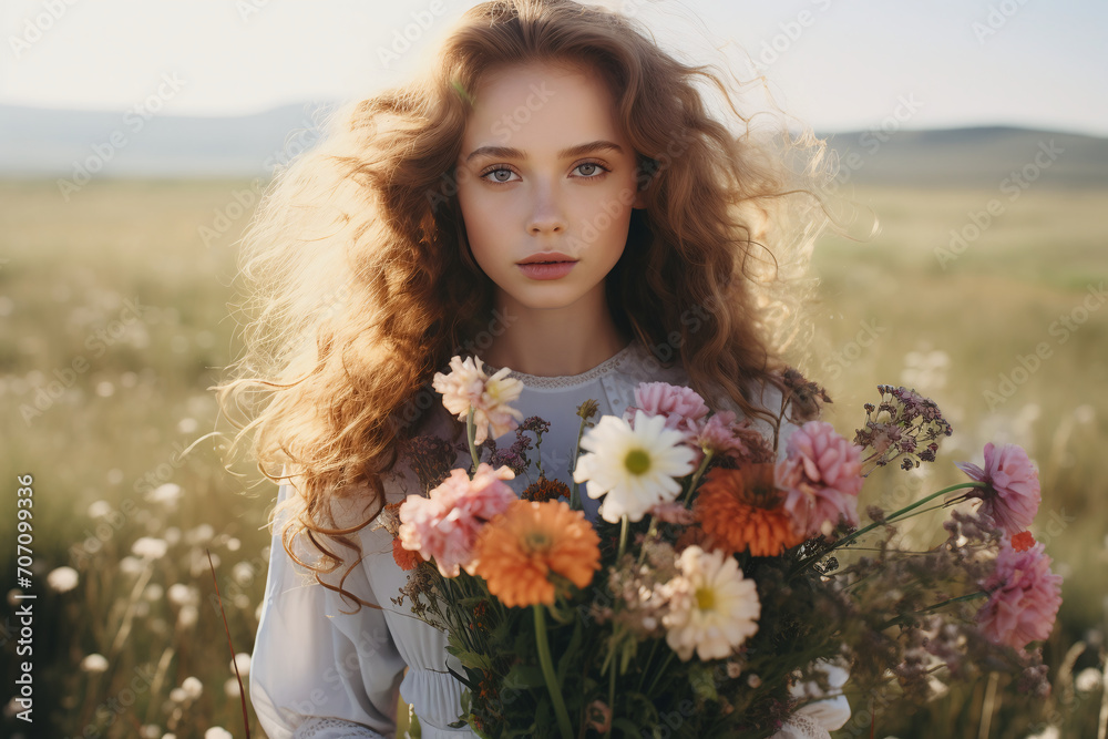 European women hold a bouquet of flowers in the middle of the grass. Ai generate.
