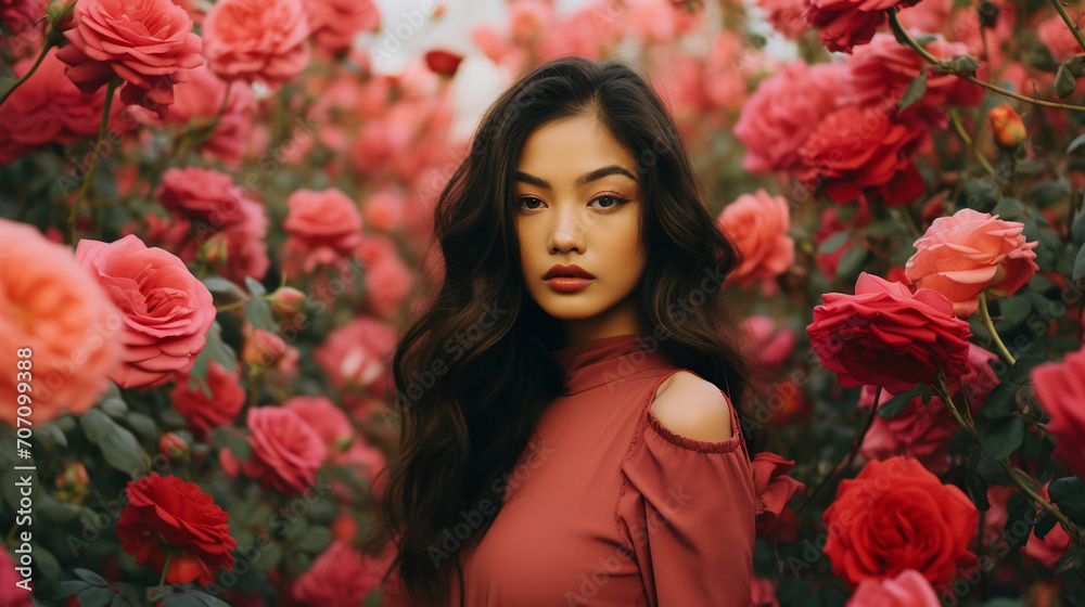 Naklejka premium Asian man walking in a field of red roses. Ai generate.
