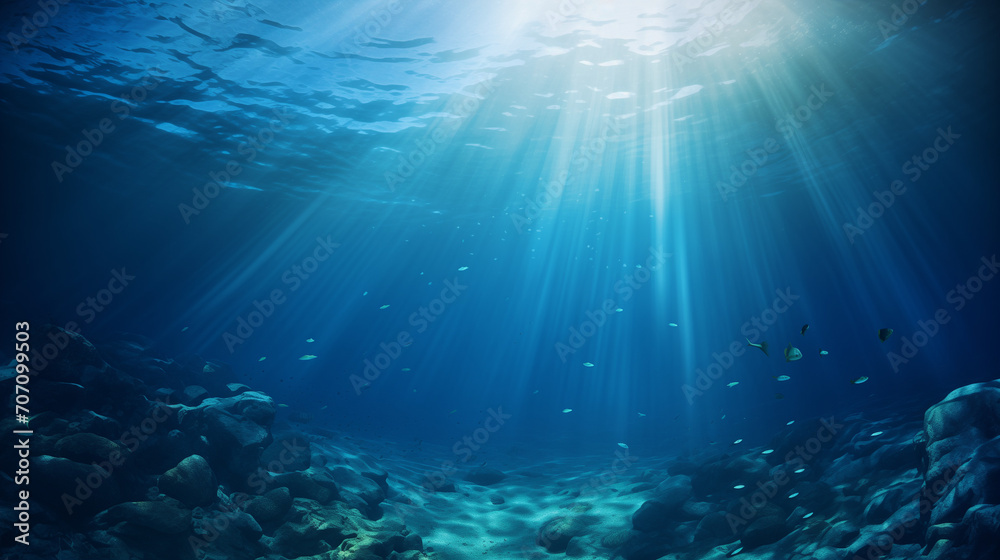 Underwater view of the world, Abstract image of Tropical underwater dark blue deep ocean wide nature background with rays of sunlight, Ai generated image
