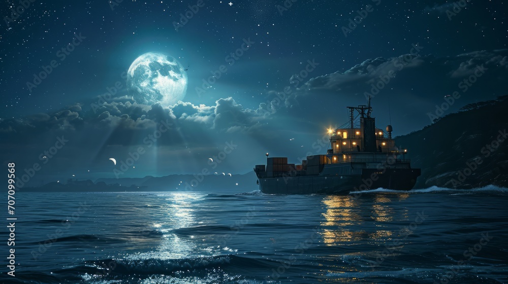Cargo ship sailing under the moonlight, containers lit up, starry sky, realistic lighting, detailed scene Generative AI - obrazy, fototapety, plakaty 
