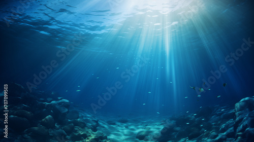 Underwater view of the world, Abstract image of Tropical underwater dark blue deep ocean wide nature background with rays of sunlight, Ai generated image