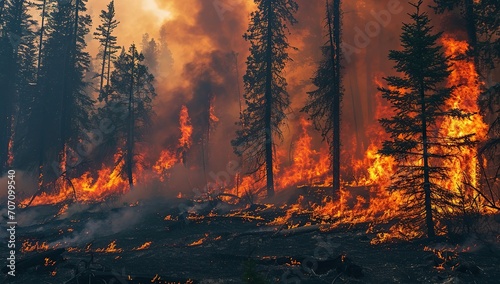 Forest fire engulfing trees, smoke filling the air. The concept of natural disasters and ecological crisis.