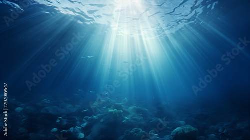 underwater scene with rays of light, Abstract image of Tropical underwater dark blue deep ocean wide nature background with rays of sunlight, Ai generated image