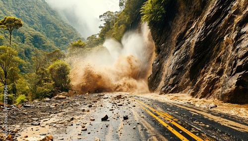 Landslide, rockfall on the road, dust and stones in the air. The concept of natural disasters photo