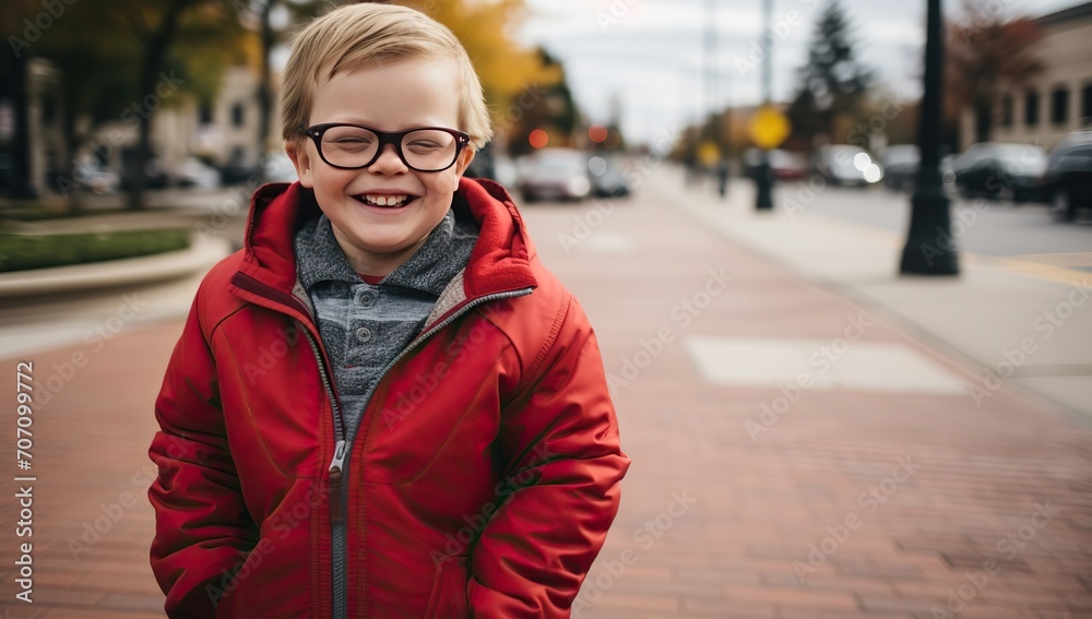 Boy in a red jacket happily smiling on the street. The concept of childhood and happiness.