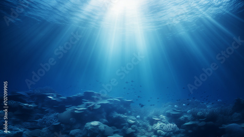 Underwater shot with sunrays in deep blue tropical sea, Abstract image of Tropical underwater dark blue deep ocean wide nature background with rays of sunlight, Ai generated image