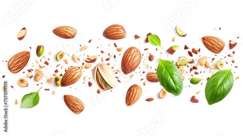 set with Flying in air fresh raw whole and cracked pistachios, almonds and hazelnut isolated on white background.