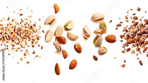 set with Flying in air fresh raw whole and cracked pistachios, almonds and hazelnut isolated on white background. photo