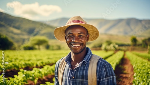 A man in a hat smiles against a backdrop of green fields. The concept of agriculture and sustainable development.