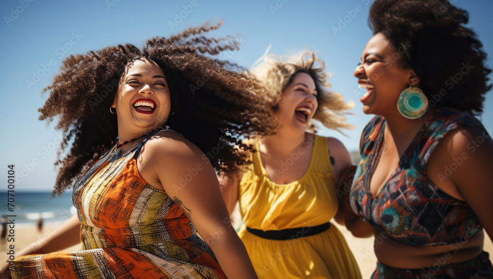 Three laughing women of diverse backgrounds on the beach. The concept of friendship and joy. Three laughing women of diverse backgrounds on the beach. The concept of friendship and joy.