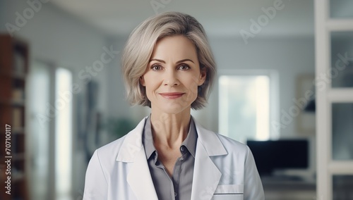 An elderly Caucasian woman in a white medical coat smiling  standing in a bright office. The concept of professionalism and experience in medicine.