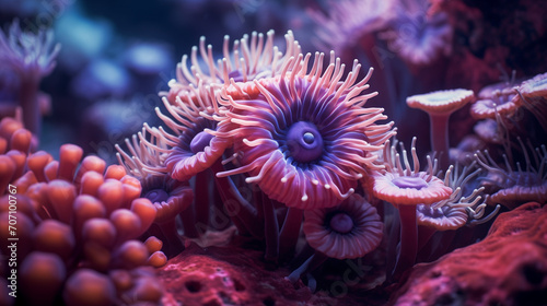 Red sea anemone, fish in the coral, Anemone actinia texture underwater reef sea coral, texture underwater reef sea coral, Ai generated image
