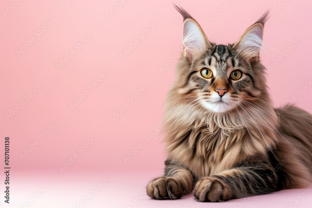 Spring Serenity: Maine Coon Cat isolated on Pink Pastel. Copy space. 