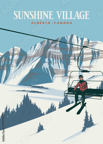 sunshine village ski resort vintage poster illustration design photo