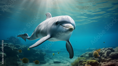 Friendly dolphins underwater scene. Marine wild animals illustration. Web banner template, Beautiful Bottlenose Dolphin underwater, Ai generated image © FH Multimedia
