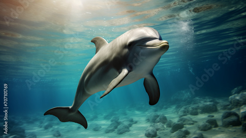 Dolphin jumping out of water, Beautiful Bottlenose Dolphin underwater, Ai generated image 