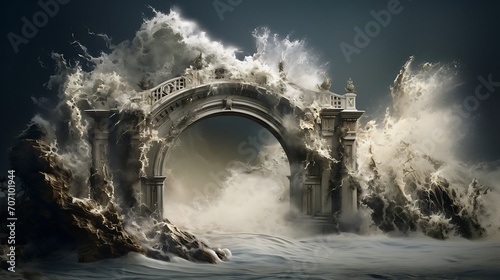 Surreal landscape with a stone arch and a stormy sea.