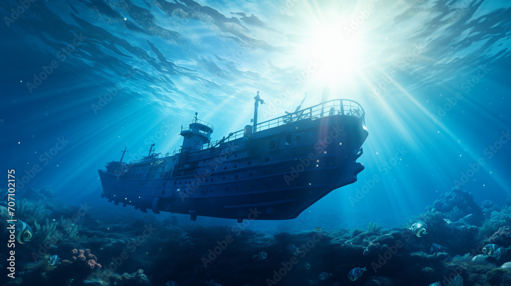 ship wreck in the ocean, Submarine in the depths of the sea, sun rays under water, boat ship from underwater blue ocean with sun rays, Ai generated image ship wreck in the ocean, Submarine in the depths of the sea, sun rays under water, boat ship from underwater blue ocean with sun rays, Ai generated image