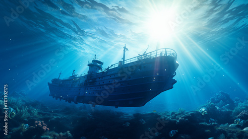 ship wreck in the ocean, Submarine in the depths of the sea, sun rays under water, boat ship from underwater blue ocean with sun rays, Ai generated image photo