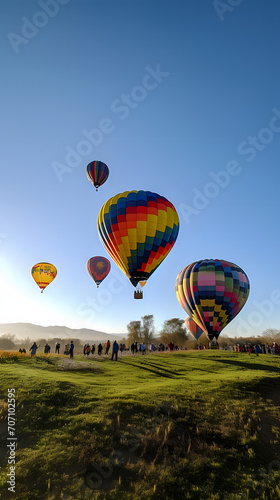 Majestic Hot Air Balloon Flight Over Misty Fields AI-Generative photo