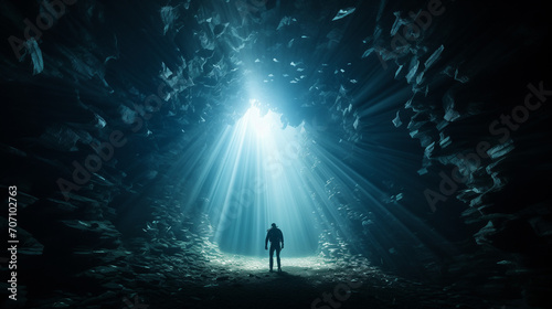 Silhouette of a person in a blue light, Deep sea scuba diver swimming in a deep ocean cave in rays of light from the surface, Ai generated image 
