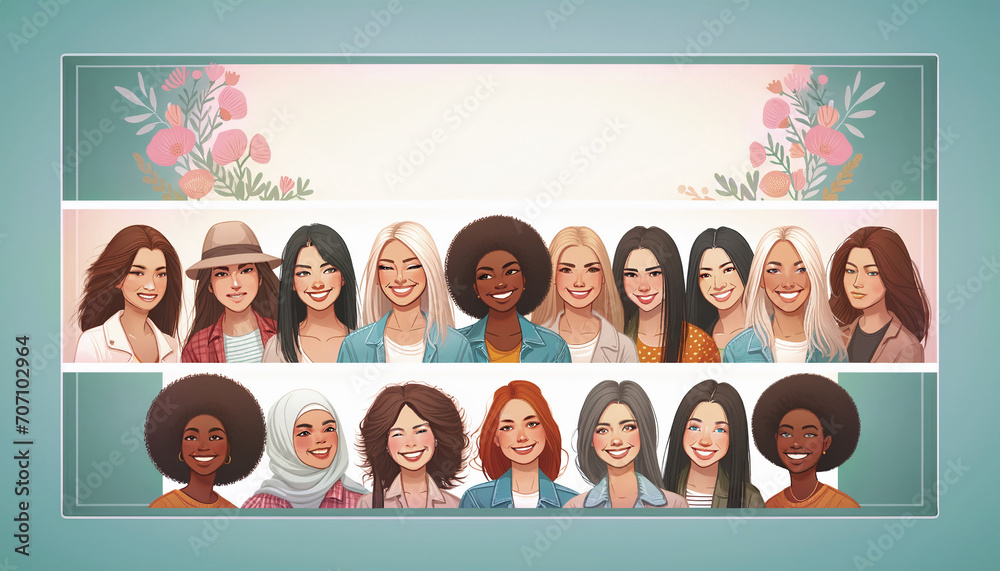 Copy space banner with group of smiling multicultural women portrait. International Women's Day. Empowerment concept Copy space banner with group of smiling multicultural women portrait. International Women's Day. Empowerment concept