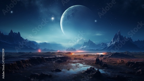 Otherworldly moon landscape night photography image Ai generated art