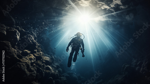 Wallpaper Mural Diver in the dark, Deep sea scuba diver swimming in a deep ocean cave in rays of light from the surface, Ai generated image  Torontodigital.ca