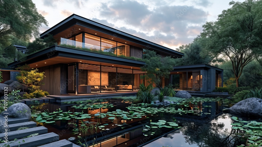 Obraz premium Modern house with pitched roof with large overhangs, in forest with pond and lily pond, cozy wood, in the style of dark bronze and dark black, asian-inspired, dark gray, soft light, orient-inspired