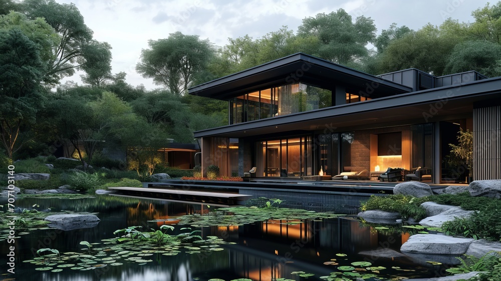 Modern house with pitched roof with large overhangs, in forest with pond and lily pond, cozy wood, in the style of dark bronze and dark black, asian-inspired, dark gray, soft light, orient-inspired Modern house with pitched roof with large overhangs, in forest with pond and lily pond, cozy wood, in the style of dark bronze and dark black, asian-inspired, dark gray, soft light, orient-inspired