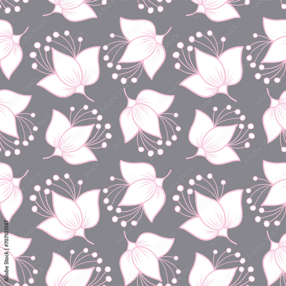 seamless repeat pattern with beautiful pink lined white flowers on a gray background perfect for fabric, scrap booking, wallpaper, gift wrap projects seamless repeat pattern with beautiful pink lined white flowers on a gray background perfect for fabric, scrap booking, wallpaper, gift wrap projects