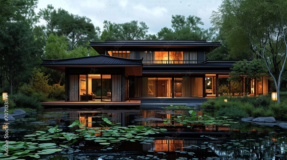 Modern house with pitched roof with large overhangs, in forest with pond and lily pond, cozy wood, in the style of dark bronze and dark black, asian-inspired, dark gray, soft light, orient-inspired Modern house with pitched roof with large overhangs, in forest with pond and lily pond, cozy wood, in the style of dark bronze and dark black, asian-inspired, dark gray, soft light, orient-inspired