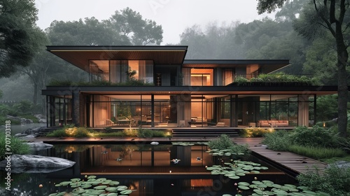 Modern house with pitched roof with large overhangs, in forest with pond and lily pond, cozy wood, in the style of dark bronze and dark black, asian-inspired, dark gray, soft light, orient-inspired