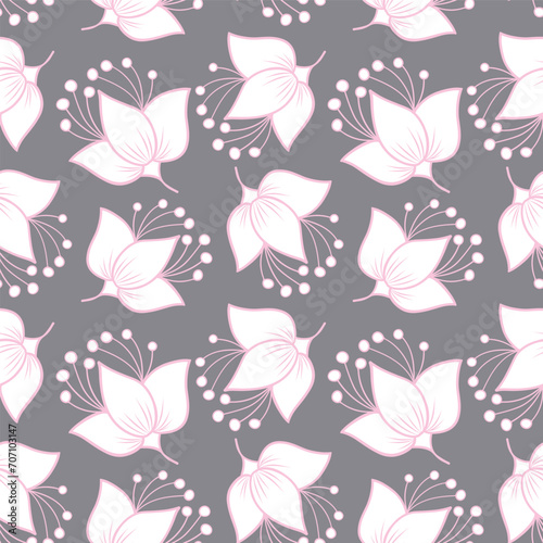 seamless repeat pattern with beautiful pink lined white flowers on a gray background perfect for fabric, scrap booking, wallpaper, gift wrap projects