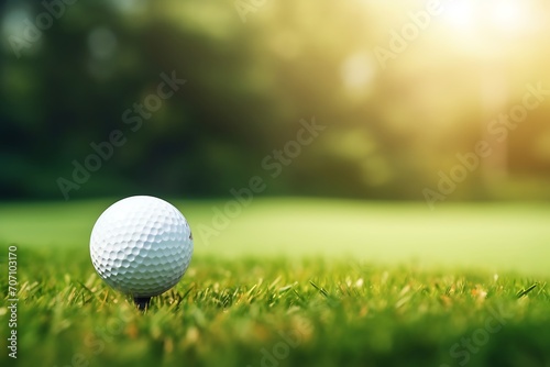 Golf ball on tee with bokeh background, ready to play, close up