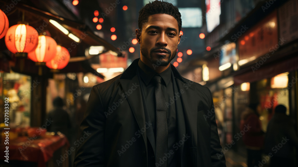 Black man, night and mafia with city street, spy and mysterious in rain. Serious, looking and rain with male wearing business suit for gangster, profit and asset for protective services and bodyguar