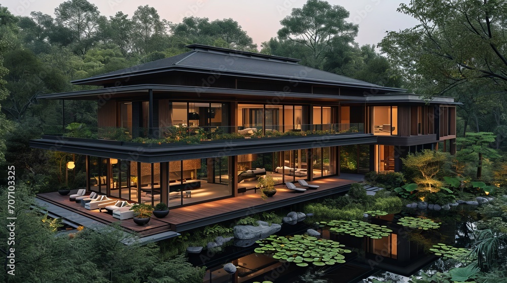 Modern house with pitched roof with large overhangs, in forest with pond and lily pond, cozy wood, in the style of dark bronze and dark black, asian-inspired, dark gray, soft light, orient-inspired Modern house with pitched roof with large overhangs, in forest with pond and lily pond, cozy wood, in the style of dark bronze and dark black, asian-inspired, dark gray, soft light, orient-inspired
