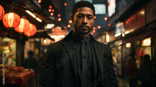 Black man  night and mafia with city street  spy and mysterious in rain. Serious  looking and rain with male wearing business suit for gangster  profit and asset for protective services and bodyguar