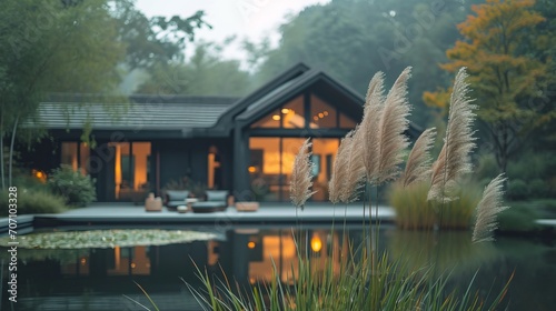 Modern house with pitched roof with large overhangs, in forest with pond and lily pond, cozy wood, in the style of dark bronze and dark black, asian-inspired, dark gray, soft light, orient-inspired photo