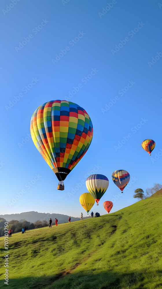 Naklejka premium Majestic Hot Air Balloon Flight Over Misty Fields AI-Generative