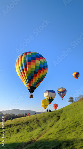 Majestic Hot Air Balloon Flight Over Misty Fields AI-Generative